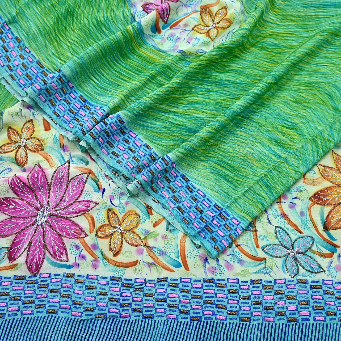 Indian Vintage Sari Pure Crepe Silk Hand Embroidered Saree 5yd Sewing Floral Craft Fabric Sequins Dress making Crafting Quilting