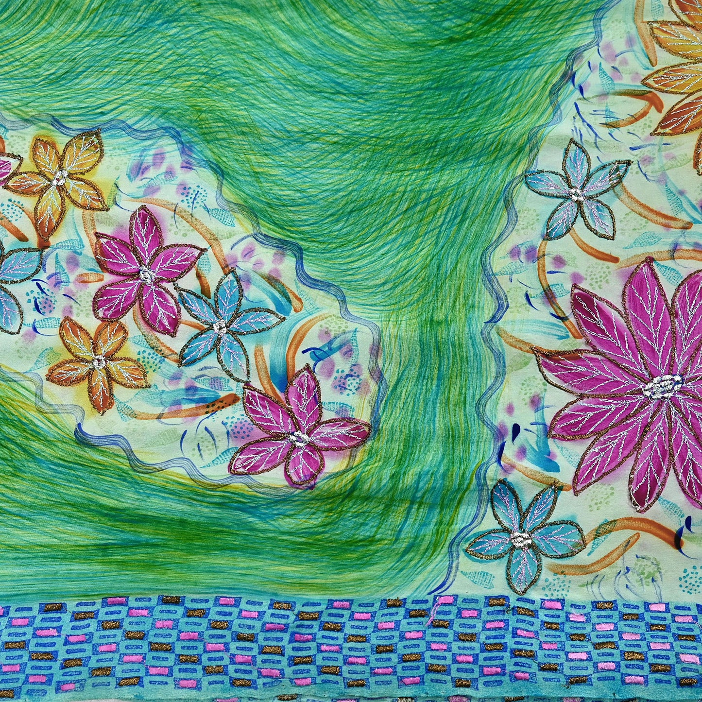 Indian Vintage Sari Pure Crepe Silk Hand Embroidered Saree 5yd Sewing Floral Craft Fabric Sequins Dress making Crafting Quilting