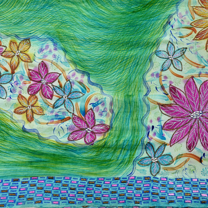 Indian Vintage Sari Pure Crepe Silk Hand Embroidered Saree 5yd Sewing Floral Craft Fabric Sequins Dress making Crafting Quilting