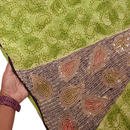 Indian Vintage Sari Green Pure Crepe Silk Hand Embroidered Saree 5yd Sewing Floral Craft Sequins Dress making Crafting Quilting