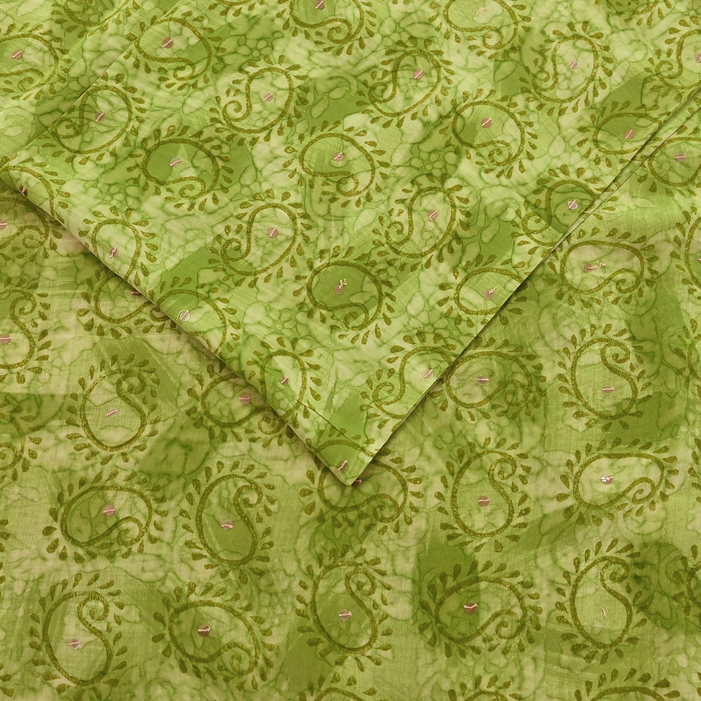 Indian Vintage Sari Green Pure Crepe Silk Hand Embroidered Saree 5yd Sewing Floral Craft Sequins Dress making Crafting Quilting