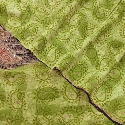 Indian Vintage Sari Green Pure Crepe Silk Hand Embroidered Saree 5yd Sewing Floral Craft Sequins Dress making Crafting Quilting