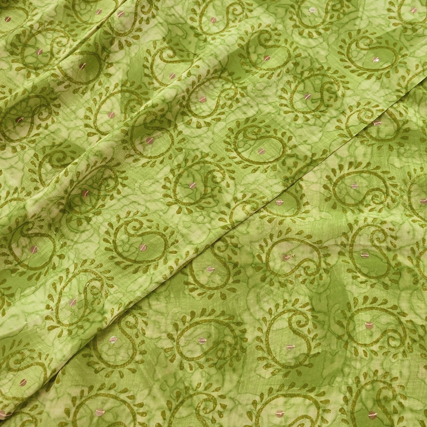Indian Vintage Sari Green Pure Crepe Silk Hand Embroidered Saree 5yd Sewing Floral Craft Sequins Dress making Crafting Quilting