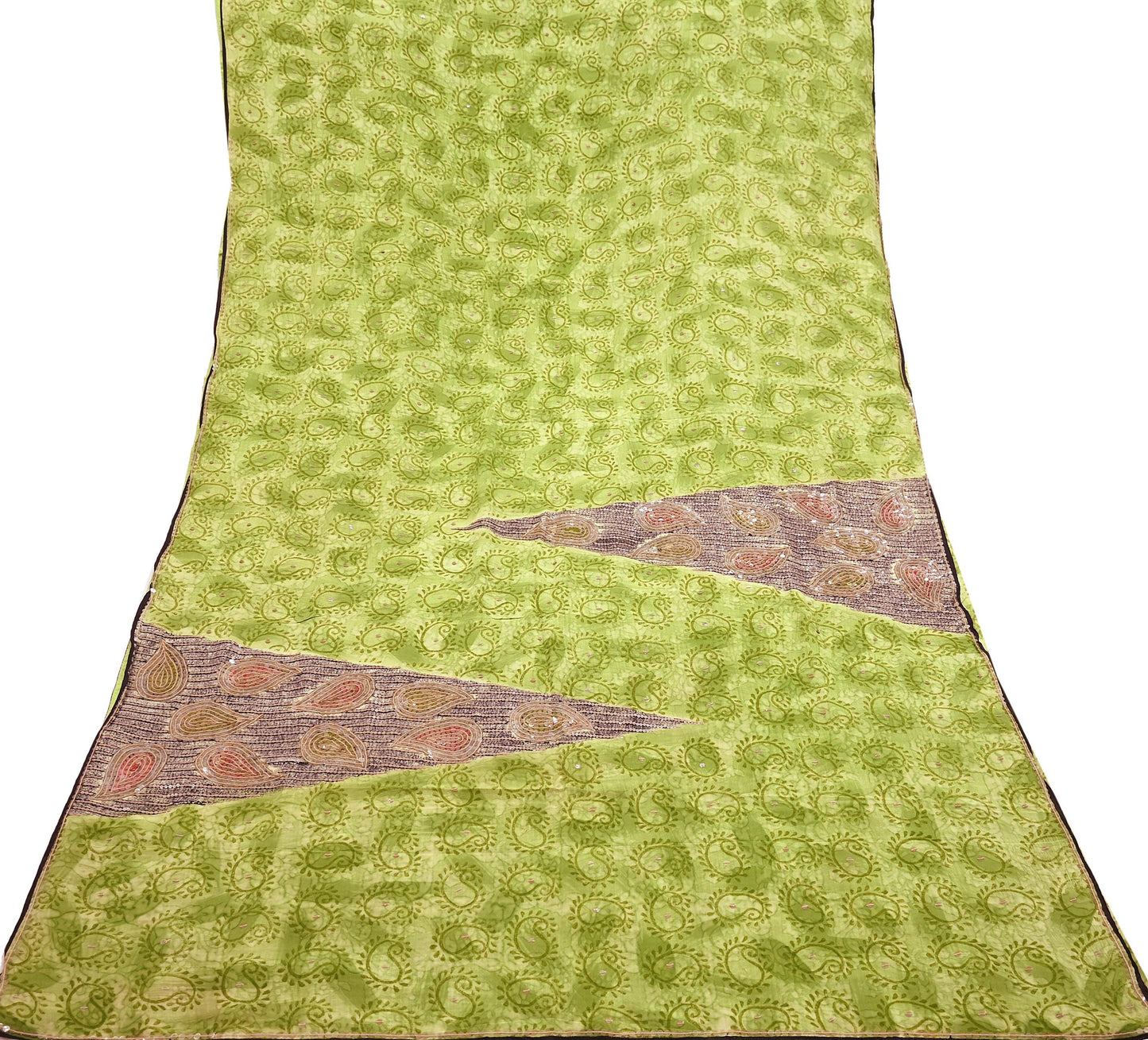 Indian Vintage Sari Green Pure Crepe Silk Hand Embroidered Saree 5yd Sewing Floral Craft Sequins Dress making Crafting Quilting