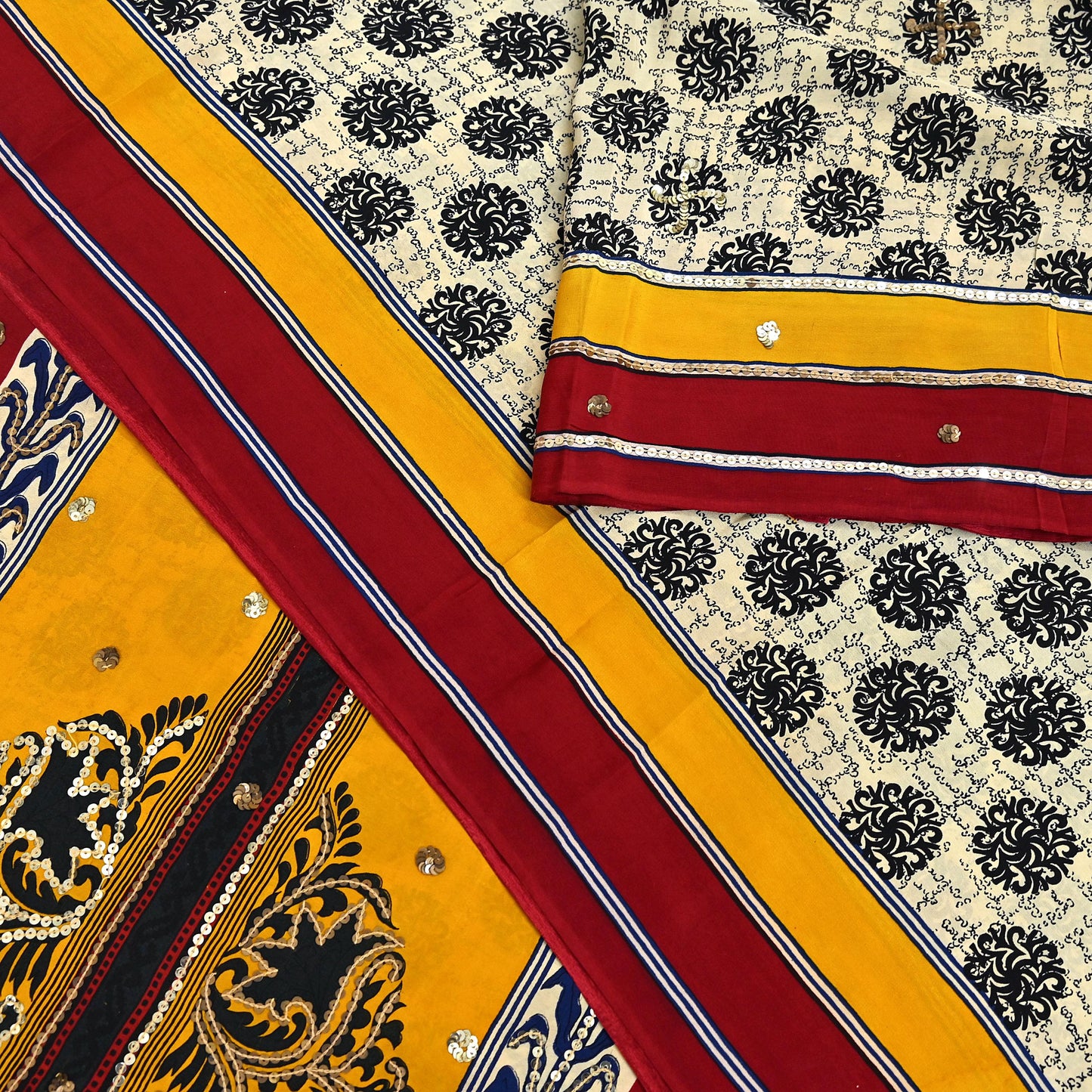 Indian Vintage Sari Ivory & Saffron Pure Crepe Silk Hand Embroidered Saree 5yd Sewing Floral Craft Sequins Dress making Crafting Quilting