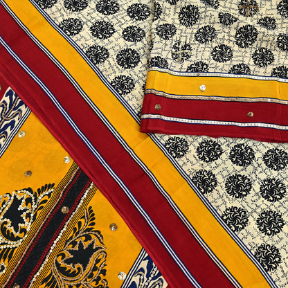 Indian Vintage Sari Ivory & Saffron Pure Crepe Silk Hand Embroidered Saree 5yd Sewing Floral Craft Sequins Dress making Crafting Quilting