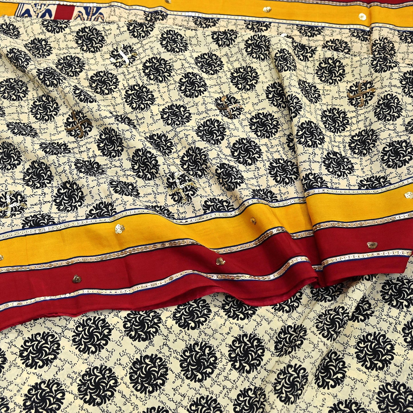 Indian Vintage Sari Ivory & Saffron Pure Crepe Silk Hand Embroidered Saree 5yd Sewing Floral Craft Sequins Dress making Crafting Quilting