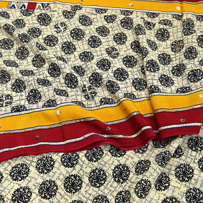 Indian Vintage Sari Ivory & Saffron Pure Crepe Silk Hand Embroidered Saree 5yd Sewing Floral Craft Sequins Dress making Crafting Quilting