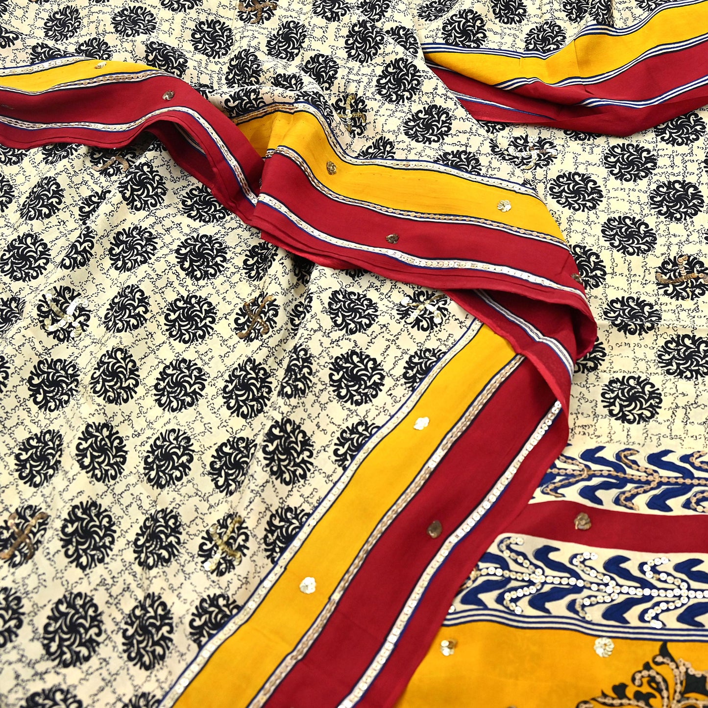 Indian Vintage Sari Ivory & Saffron Pure Crepe Silk Hand Embroidered Saree 5yd Sewing Floral Craft Sequins Dress making Crafting Quilting