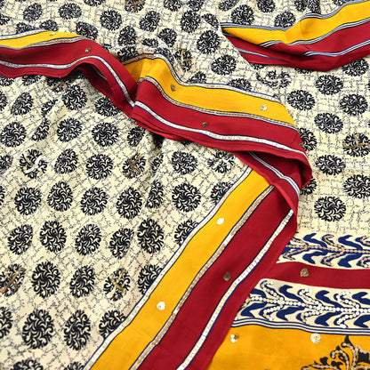 Indian Vintage Sari Ivory & Saffron Pure Crepe Silk Hand Embroidered Saree 5yd Sewing Floral Craft Sequins Dress making Crafting Quilting