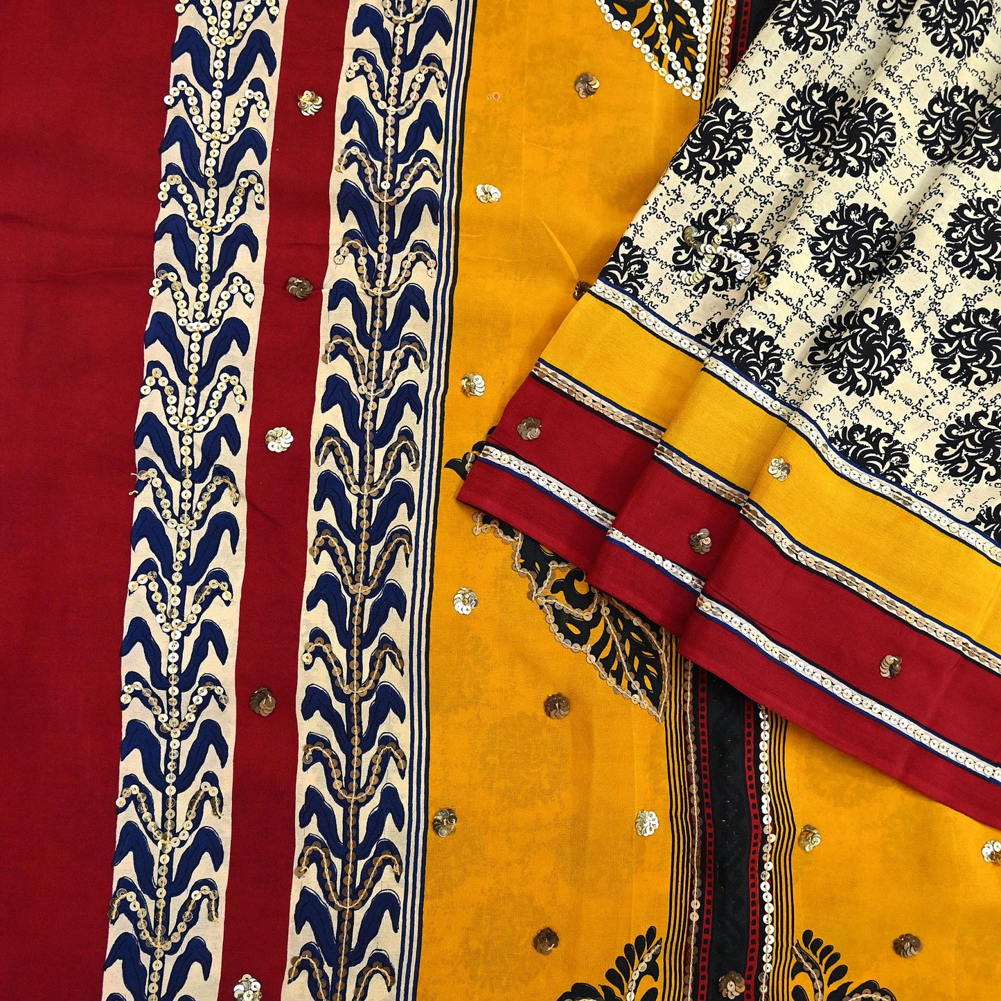 Indian Vintage Sari Ivory & Saffron Pure Crepe Silk Hand Embroidered Saree 5yd Sewing Floral Craft Sequins Dress making Crafting Quilting