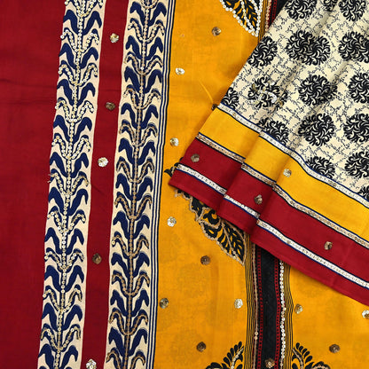 Indian Vintage Sari Ivory & Saffron Pure Crepe Silk Hand Embroidered Saree 5yd Sewing Floral Craft Sequins Dress making Crafting Quilting