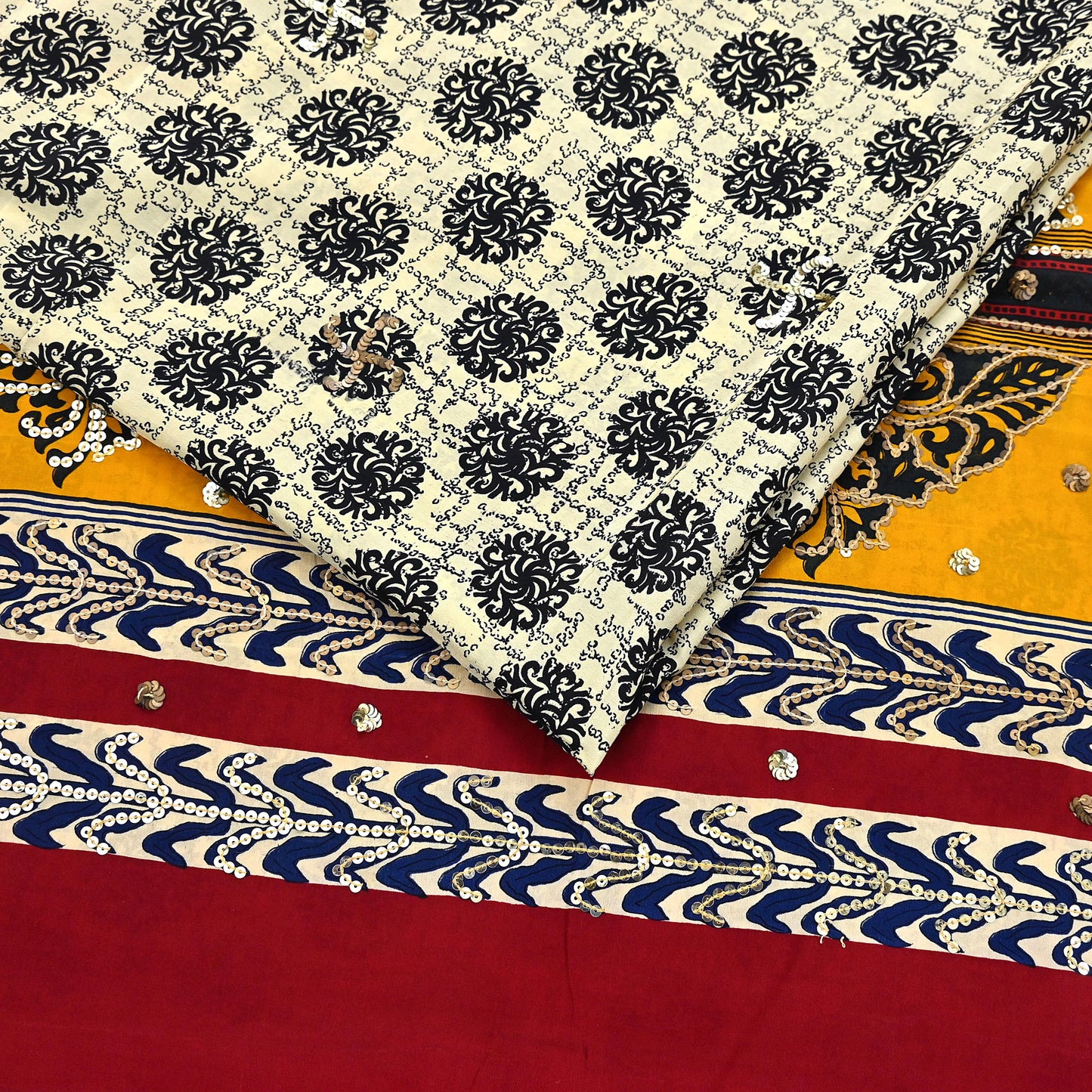 Indian Vintage Sari Ivory & Saffron Pure Crepe Silk Hand Embroidered Saree 5yd Sewing Floral Craft Sequins Dress making Crafting Quilting