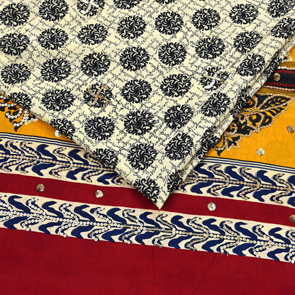 Indian Vintage Sari Ivory & Saffron Pure Crepe Silk Hand Embroidered Saree 5yd Sewing Floral Craft Sequins Dress making Crafting Quilting