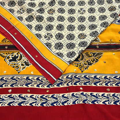 Indian Vintage Sari Ivory & Saffron Pure Crepe Silk Hand Embroidered Saree 5yd Sewing Floral Craft Sequins Dress making Crafting Quilting