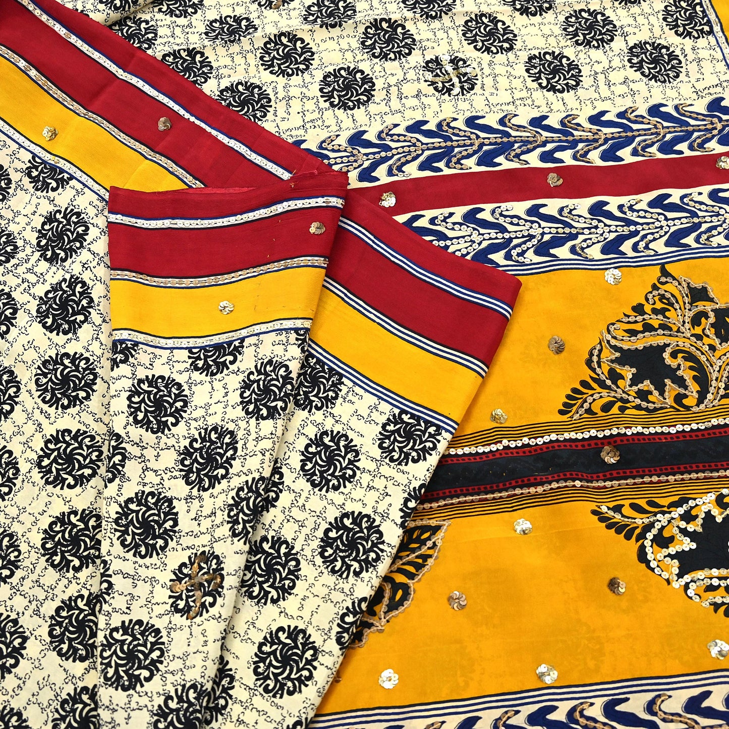 Indian Vintage Sari Ivory & Saffron Pure Crepe Silk Hand Embroidered Saree 5yd Sewing Floral Craft Sequins Dress making Crafting Quilting