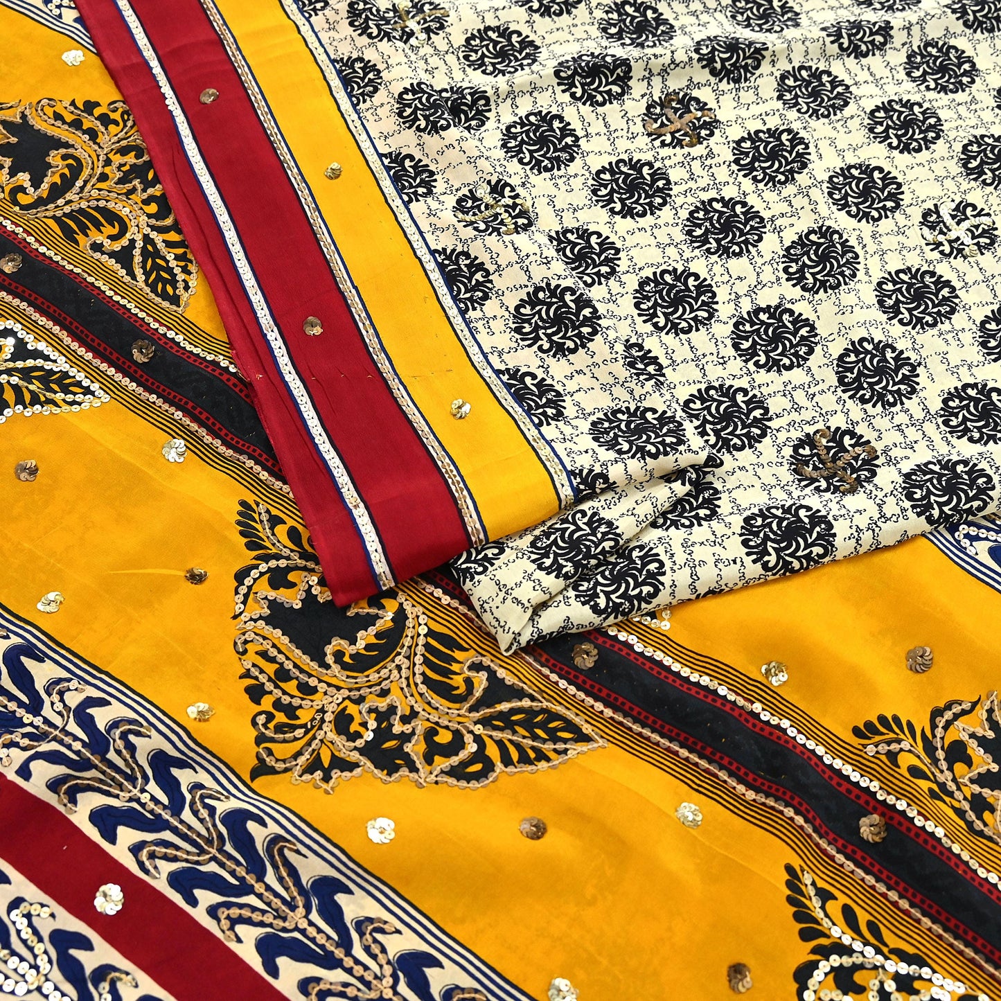 Indian Vintage Sari Ivory & Saffron Pure Crepe Silk Hand Embroidered Saree 5yd Sewing Floral Craft Sequins Dress making Crafting Quilting