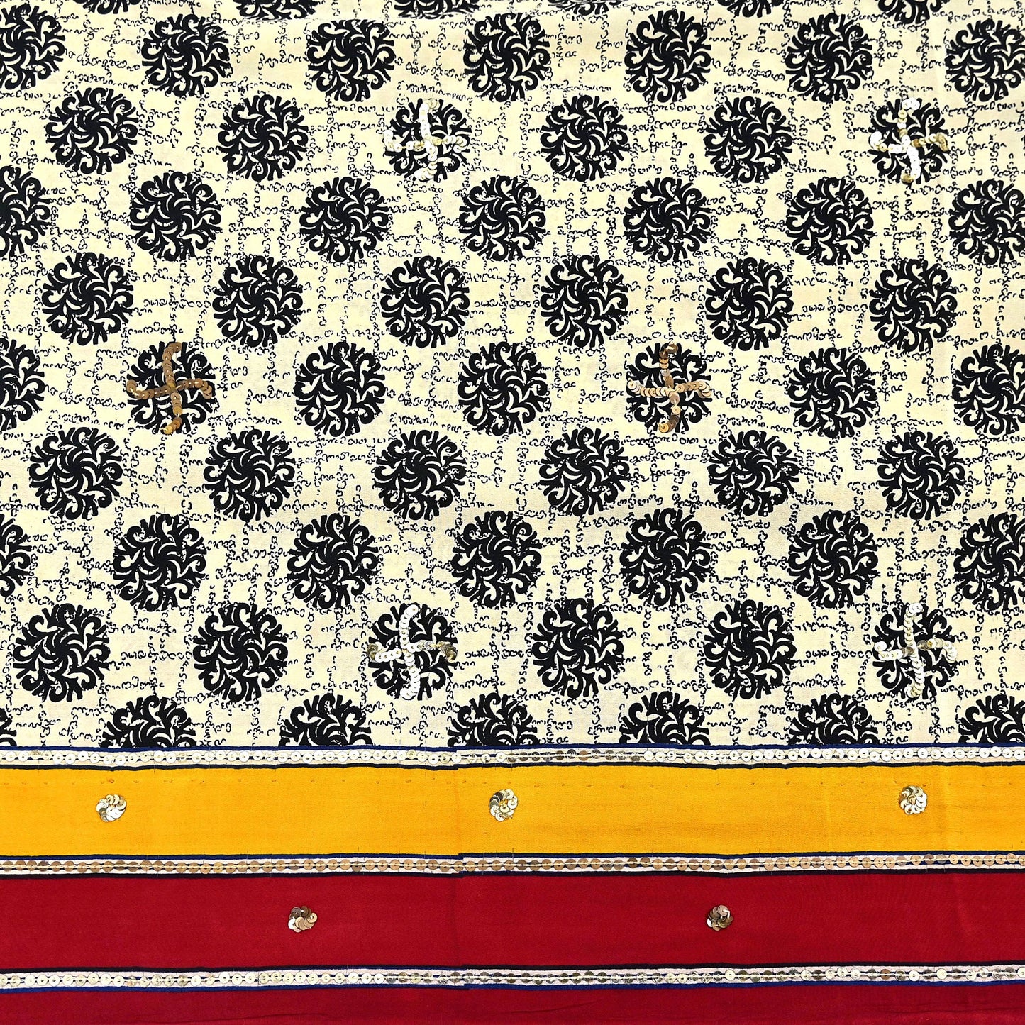 Indian Vintage Sari Ivory & Saffron Pure Crepe Silk Hand Embroidered Saree 5yd Sewing Floral Craft Sequins Dress making Crafting Quilting