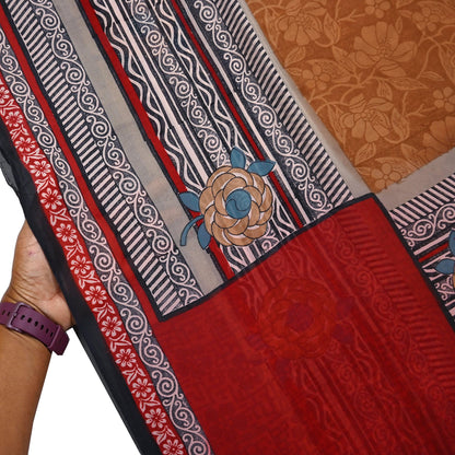 Indian Vintage Sari Brown & Maroon Pure Georgette Silk Printed Sarees Craft Fabric Sewing 5Yd Soft Dress Making Crafting Quilting Upcycle