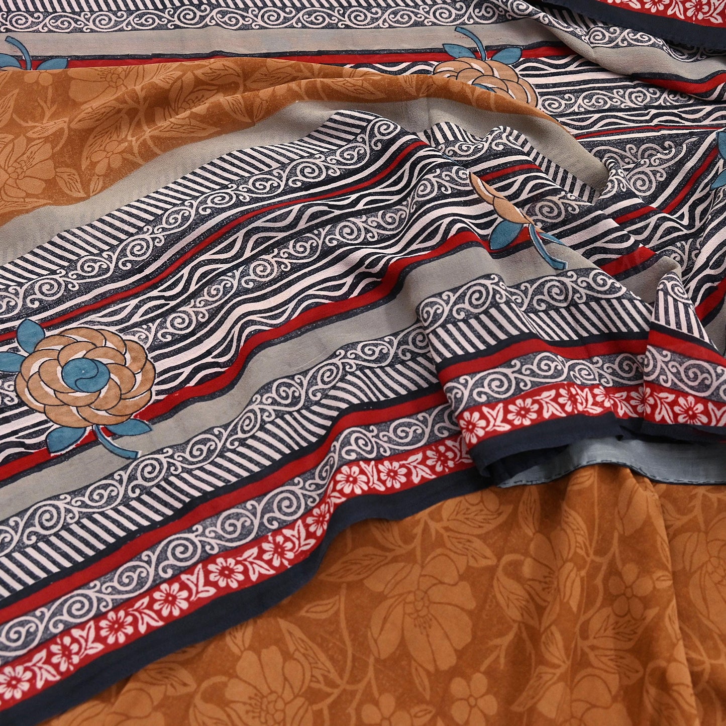 Indian Vintage Sari Brown & Maroon Pure Georgette Silk Printed Sarees Craft Fabric Sewing 5Yd Soft Dress Making Crafting Quilting Upcycle