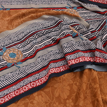 Indian Vintage Sari Brown & Maroon Pure Georgette Silk Printed Sarees Craft Fabric Sewing 5Yd Soft Dress Making Crafting Quilting Upcycle