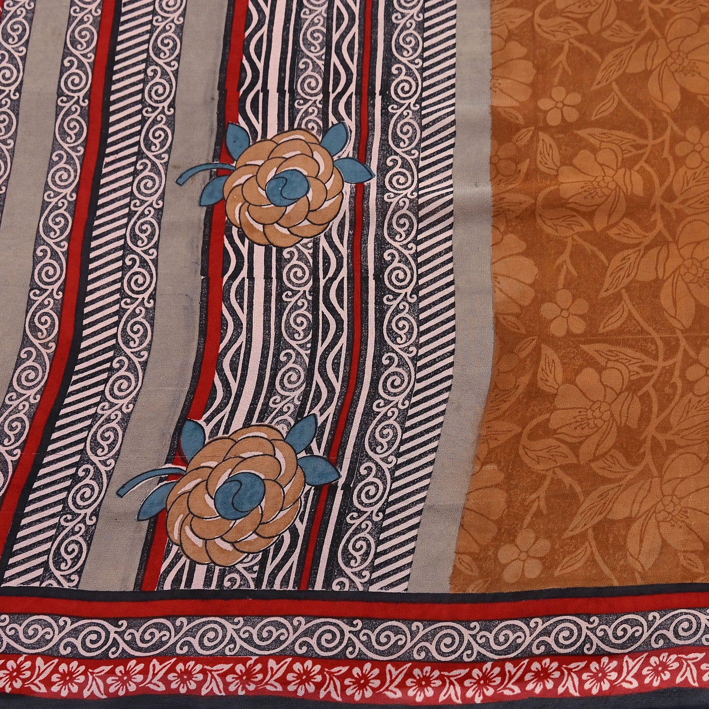 Indian Vintage Sari Brown & Maroon Pure Georgette Silk Printed Sarees Craft Fabric Sewing 5Yd Soft Dress Making Crafting Quilting Upcycle