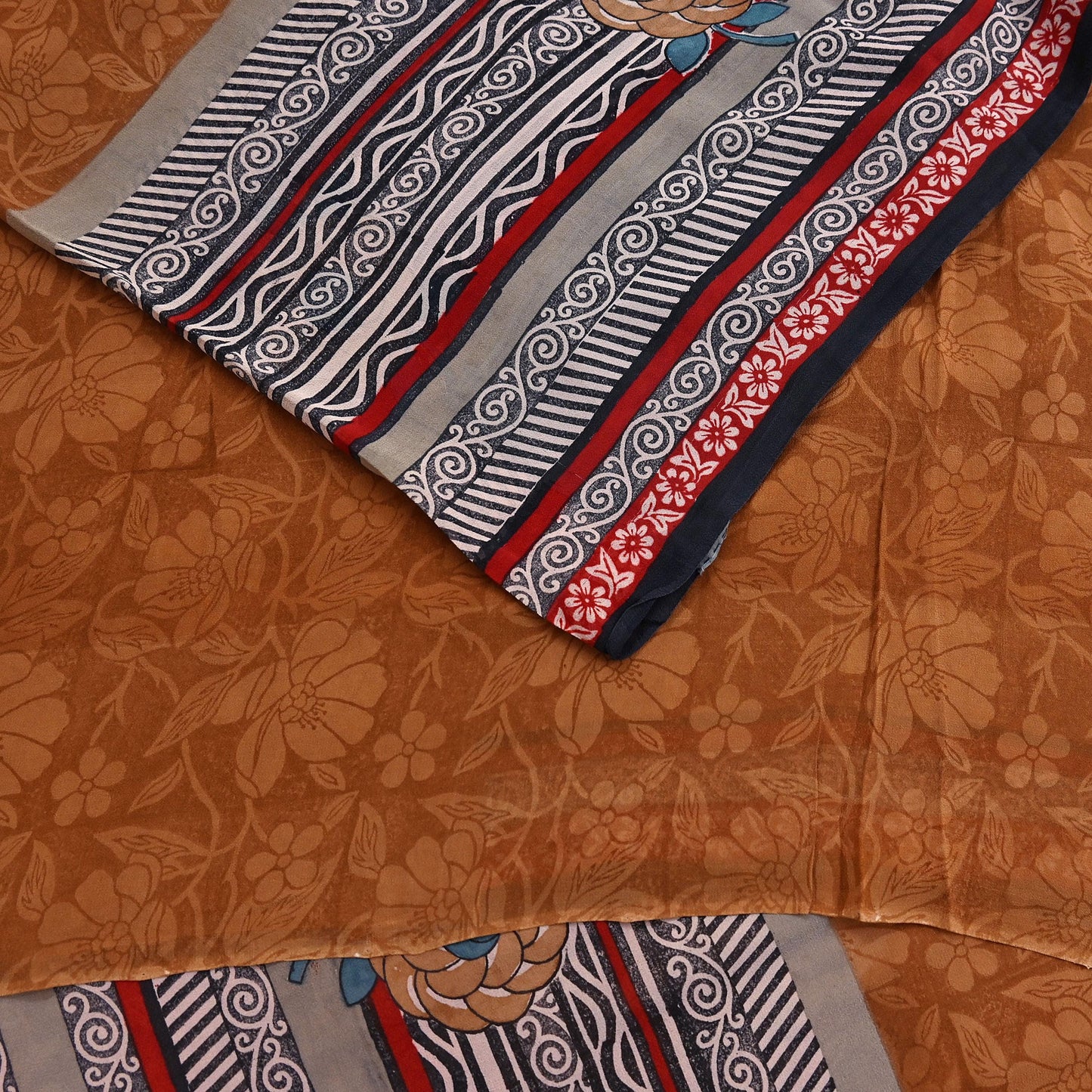 Indian Vintage Sari Brown & Maroon Pure Georgette Silk Printed Sarees Craft Fabric Sewing 5Yd Soft Dress Making Crafting Quilting Upcycle