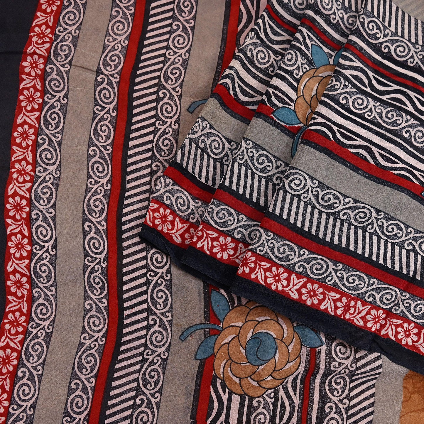 Indian Vintage Sari Brown & Maroon Pure Georgette Silk Printed Sarees Craft Fabric Sewing 5Yd Soft Dress Making Crafting Quilting Upcycle