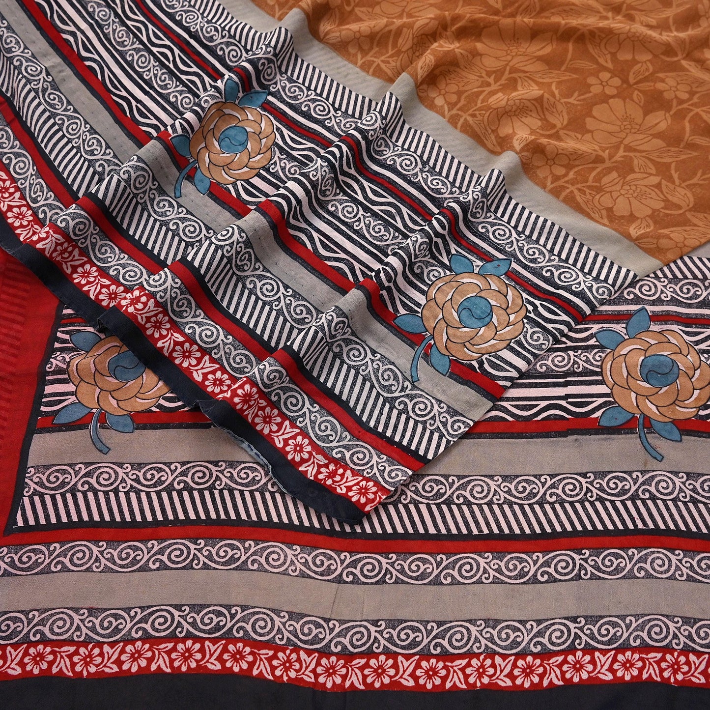 Indian Vintage Sari Brown & Maroon Pure Georgette Silk Printed Sarees Craft Fabric Sewing 5Yd Soft Dress Making Crafting Quilting Upcycle