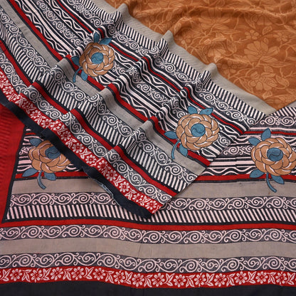 Indian Vintage Sari Brown & Maroon Pure Georgette Silk Printed Sarees Craft Fabric Sewing 5Yd Soft Dress Making Crafting Quilting Upcycle