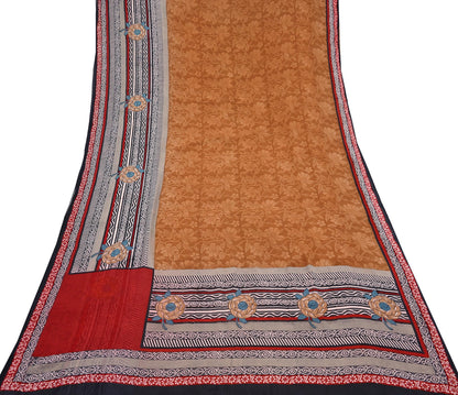 Indian Vintage Sari Brown & Maroon Pure Georgette Silk Printed Sarees Craft Fabric Sewing 5Yd Soft Dress Making Crafting Quilting Upcycle
