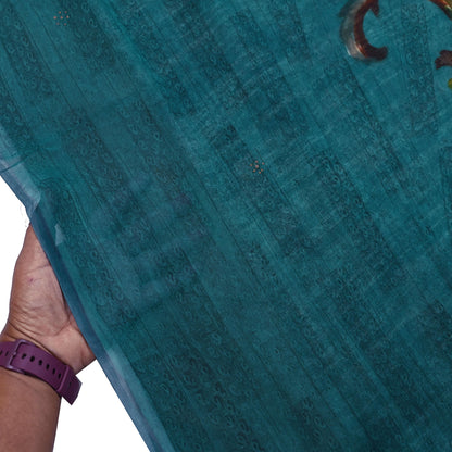 Indian Vintage Sari Brown & Green Pure Georgette Silk Printed Sarees Craft Fabric Sewing 6Yd Soft Dress Making Crafting Quilting Upcycle