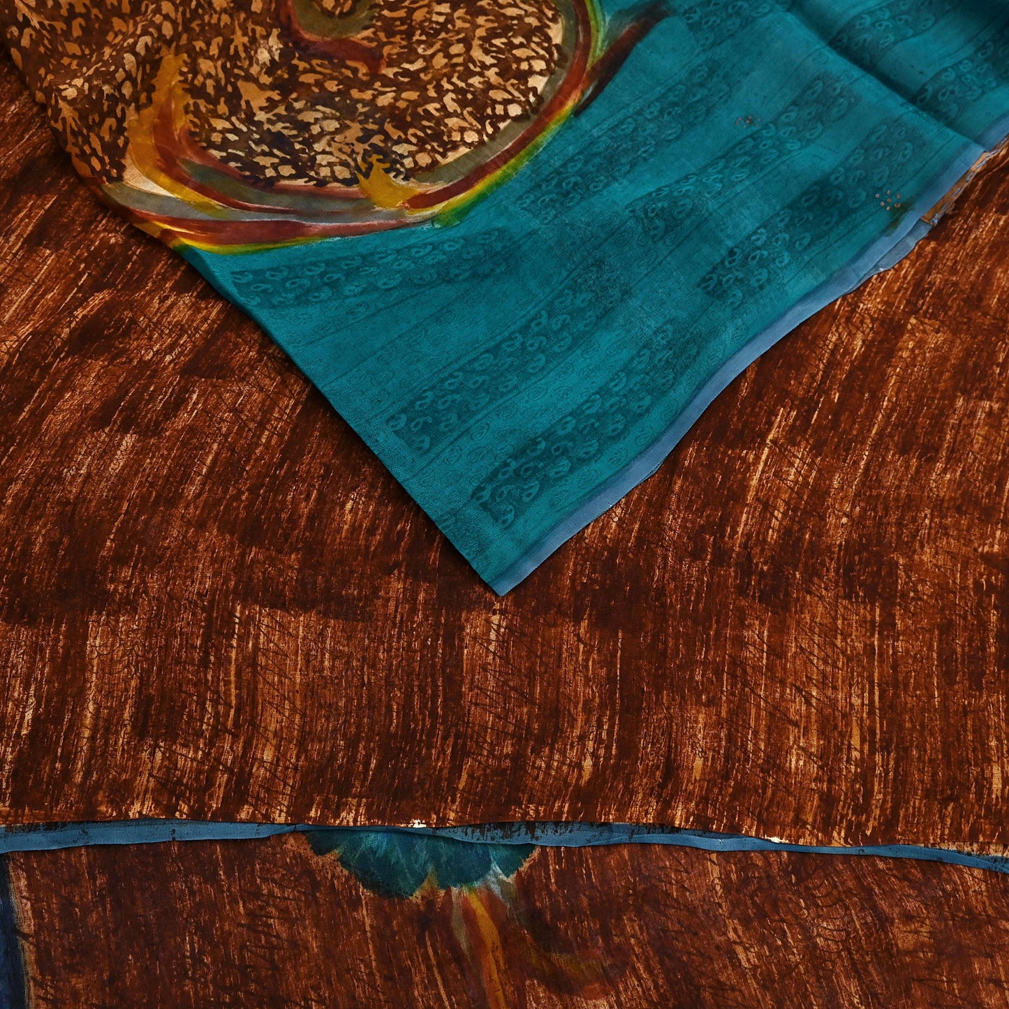 Indian Vintage Sari Brown & Green Pure Georgette Silk Printed Sarees Craft Fabric Sewing 6Yd Soft Dress Making Crafting Quilting Upcycle