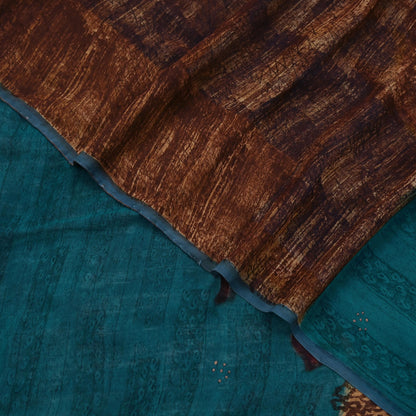 Indian Vintage Sari Brown & Green Pure Georgette Silk Printed Sarees Craft Fabric Sewing 6Yd Soft Dress Making Crafting Quilting Upcycle