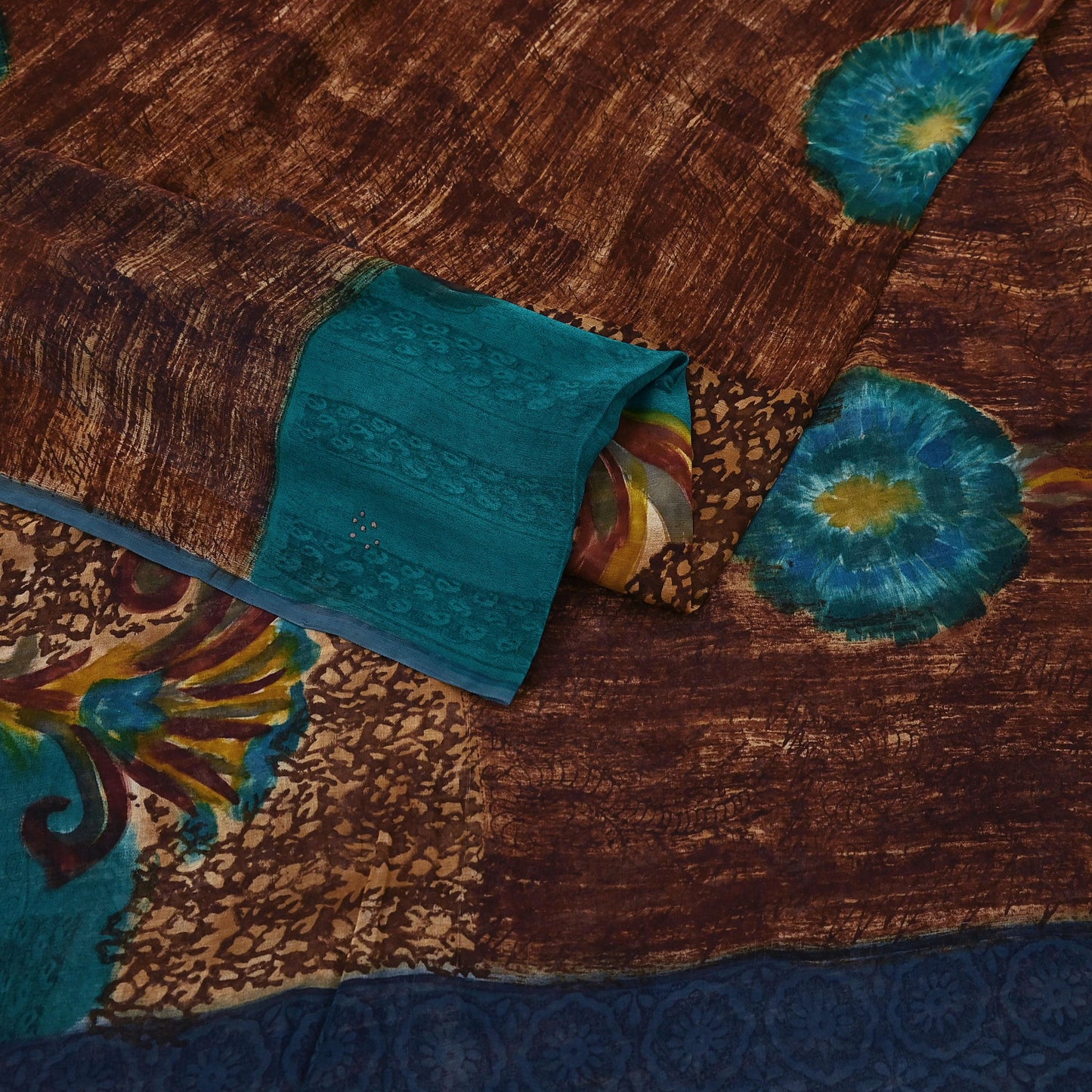 Indian Vintage Sari Brown & Green Pure Georgette Silk Printed Sarees Craft Fabric Sewing 6Yd Soft Dress Making Crafting Quilting Upcycle