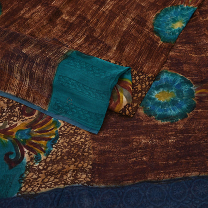 Indian Vintage Sari Brown & Green Pure Georgette Silk Printed Sarees Craft Fabric Sewing 6Yd Soft Dress Making Crafting Quilting Upcycle