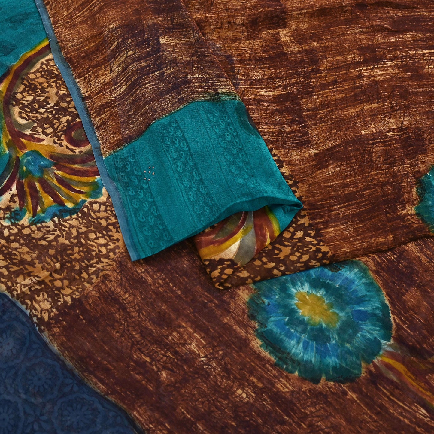 Indian Vintage Sari Brown & Green Pure Georgette Silk Printed Sarees Craft Fabric Sewing 6Yd Soft Dress Making Crafting Quilting Upcycle