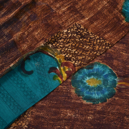 Indian Vintage Sari Brown & Green Pure Georgette Silk Printed Sarees Craft Fabric Sewing 6Yd Soft Dress Making Crafting Quilting Upcycle