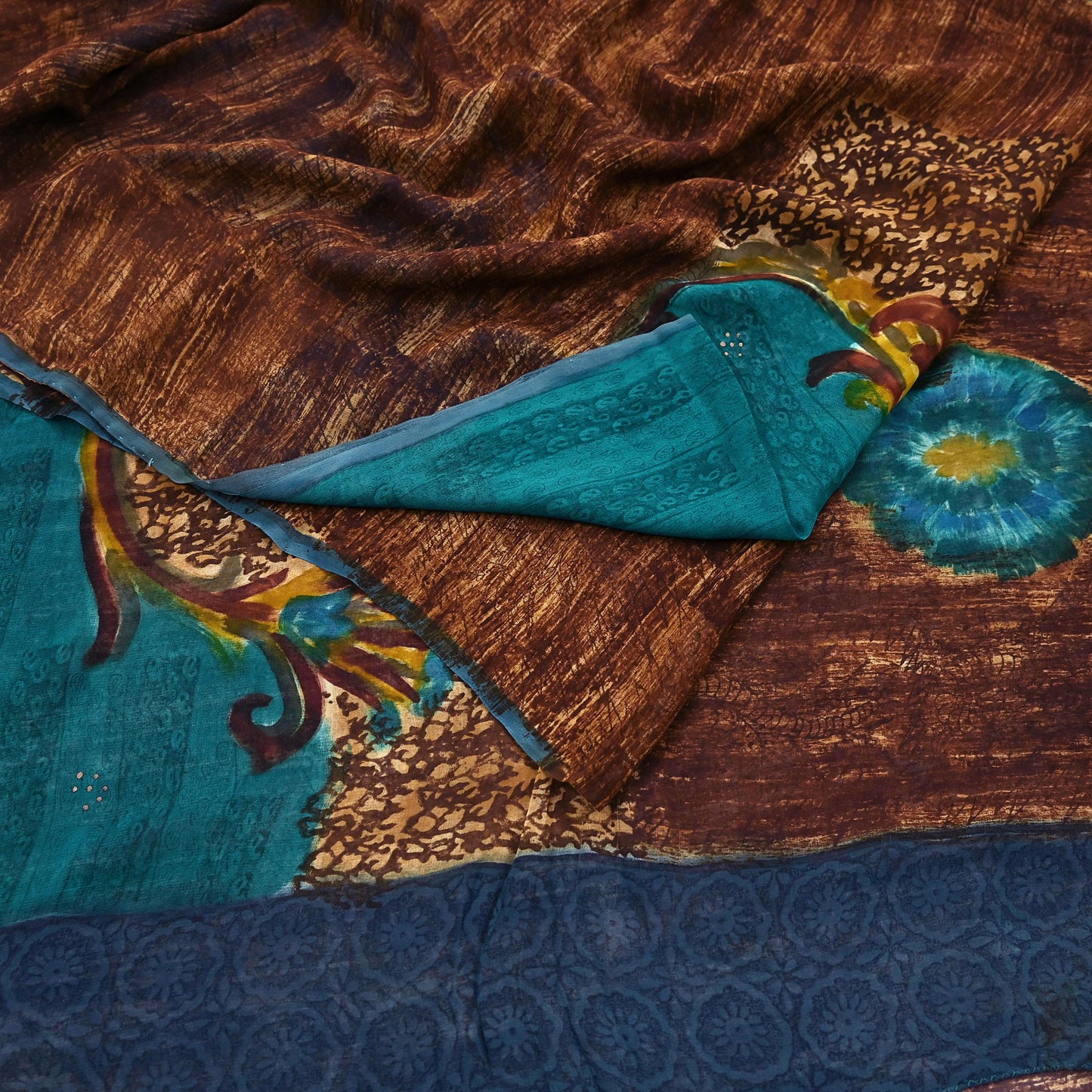 Indian Vintage Sari Brown & Green Pure Georgette Silk Printed Sarees Craft Fabric Sewing 6Yd Soft Dress Making Crafting Quilting Upcycle