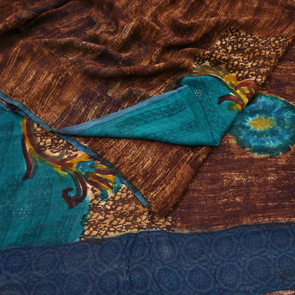 Indian Vintage Sari Brown & Green Pure Georgette Silk Printed Sarees Craft Fabric Sewing 6Yd Soft Dress Making Crafting Quilting Upcycle