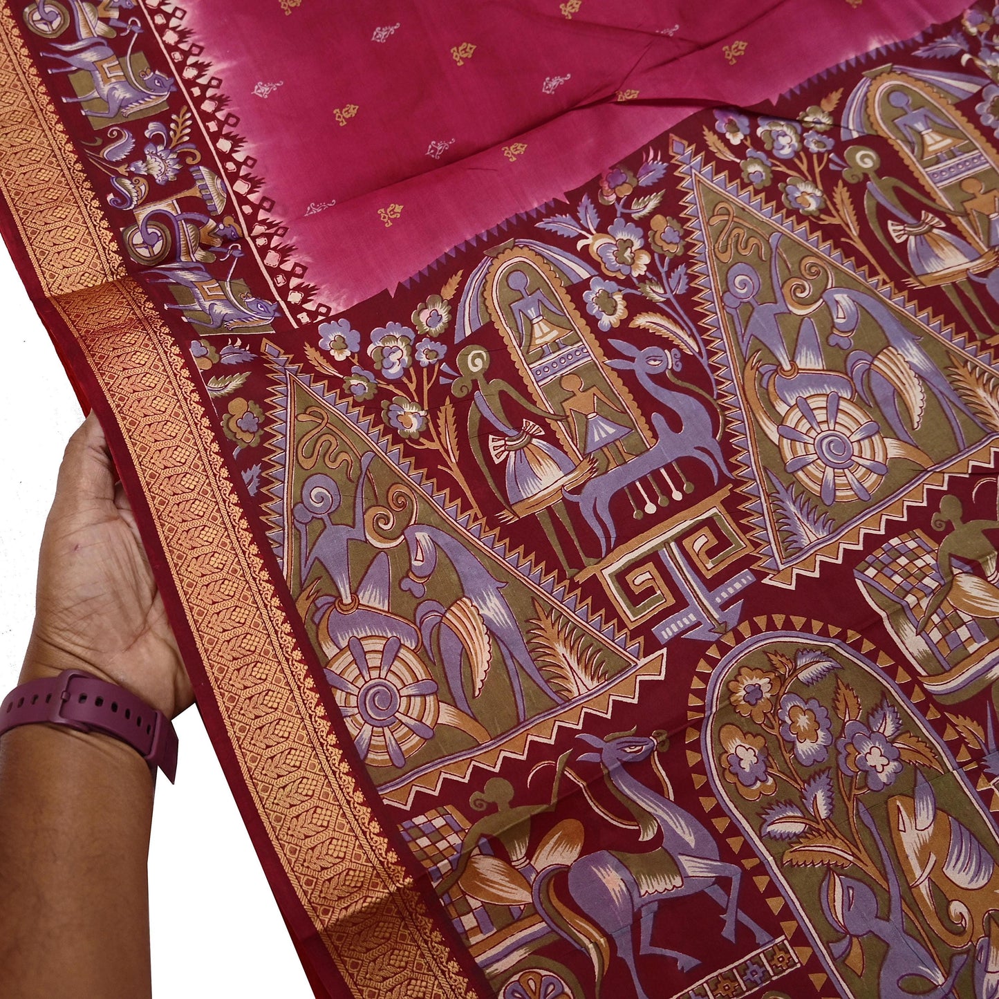 Indian Vintage Sari Maroon & Pink Pure Silk Printed Saree Fabric 5yard Sewing Craft DressMaking Upcycle Crafting Quilting