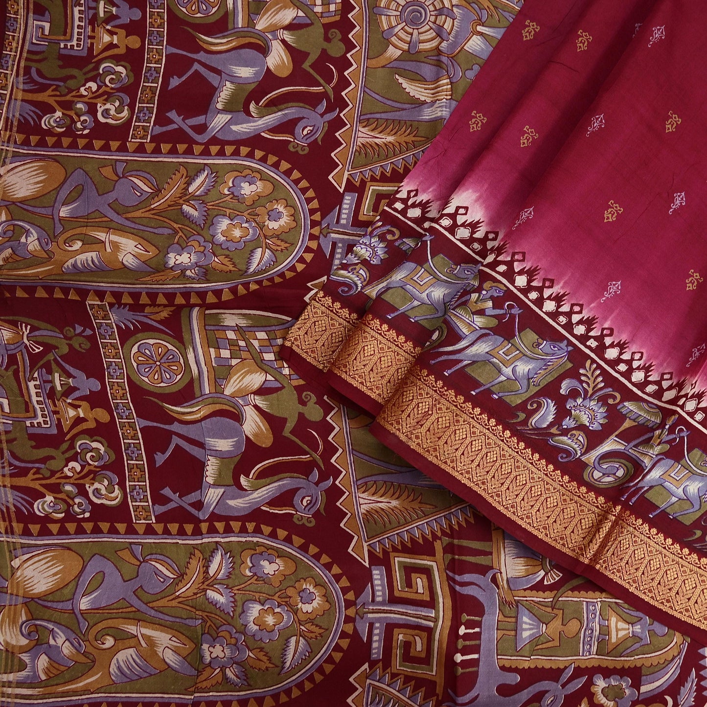 Indian Vintage Sari Maroon & Pink Pure Silk Printed Saree Fabric 5yard Sewing Craft DressMaking Upcycle Crafting Quilting
