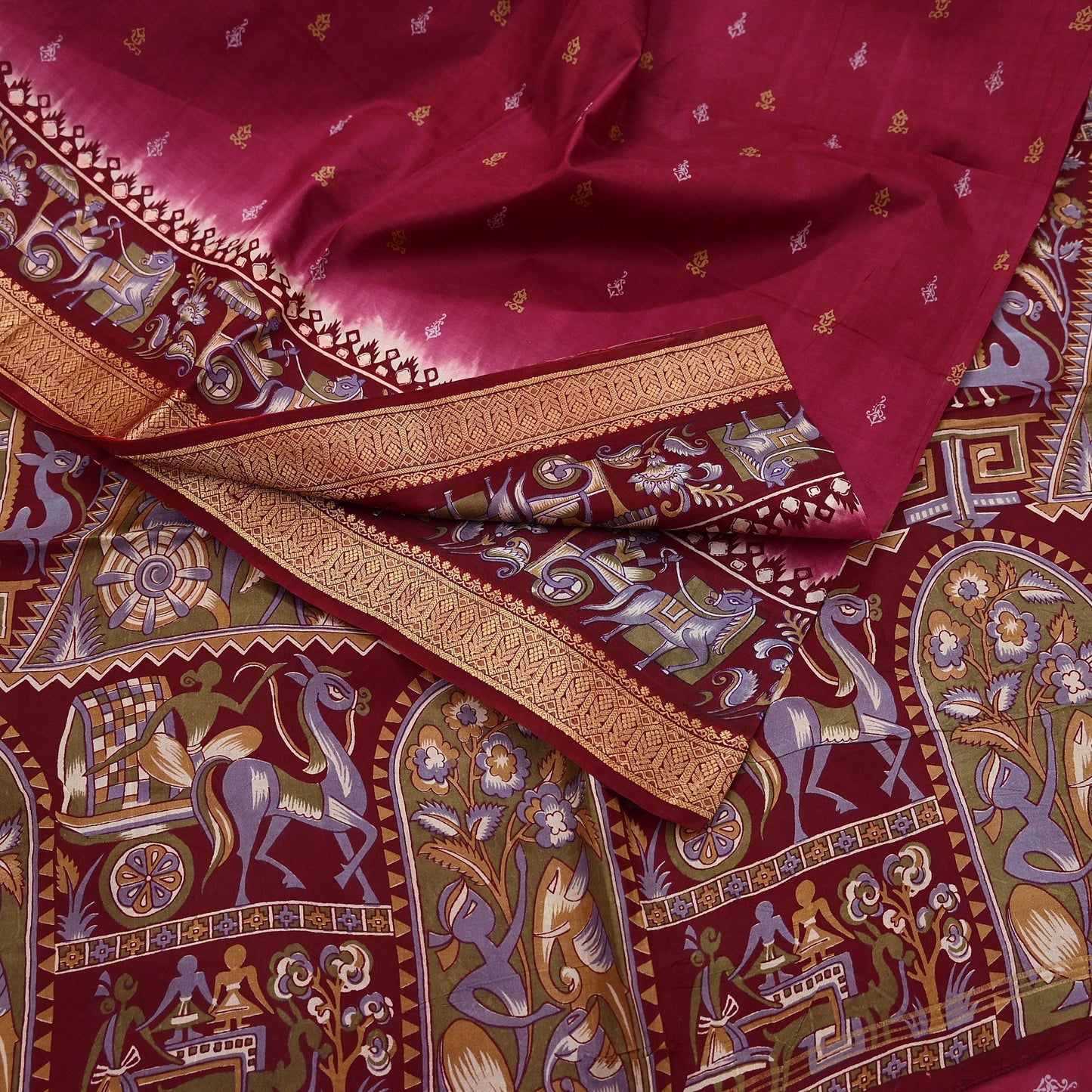 Indian Vintage Sari Maroon & Pink Pure Silk Printed Saree Fabric 5yard Sewing Craft DressMaking Upcycle Crafting Quilting