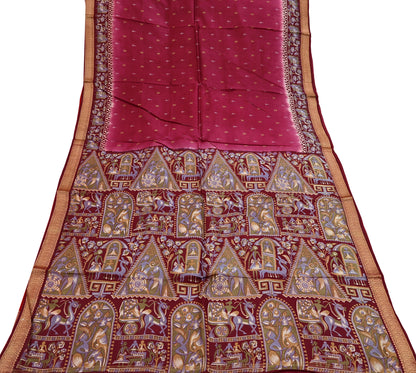 Indian Vintage Sari Maroon & Pink Pure Silk Printed Saree Fabric 5yard Sewing Craft DressMaking Upcycle Crafting Quilting