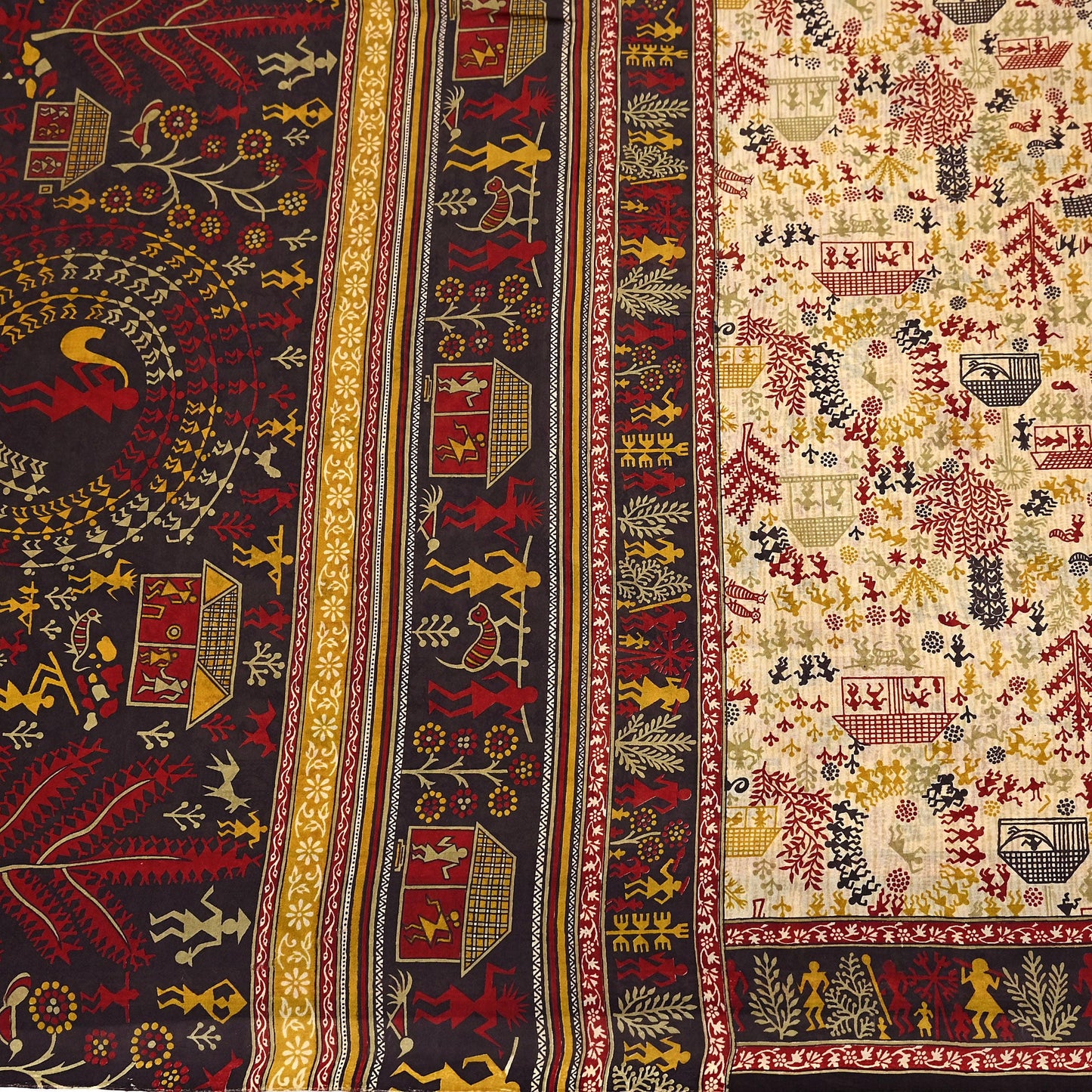 Indian Vintage Sari Beige & Black Pure Silk Warli Printed Saree Craft Fabric 5Yd Dress making Sewing Dress making For Crafting Quilting