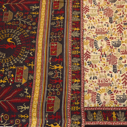 Indian Vintage Sari Beige & Black Pure Silk Warli Printed Saree Craft Fabric 5Yd Dress making Sewing Dress making For Crafting Quilting