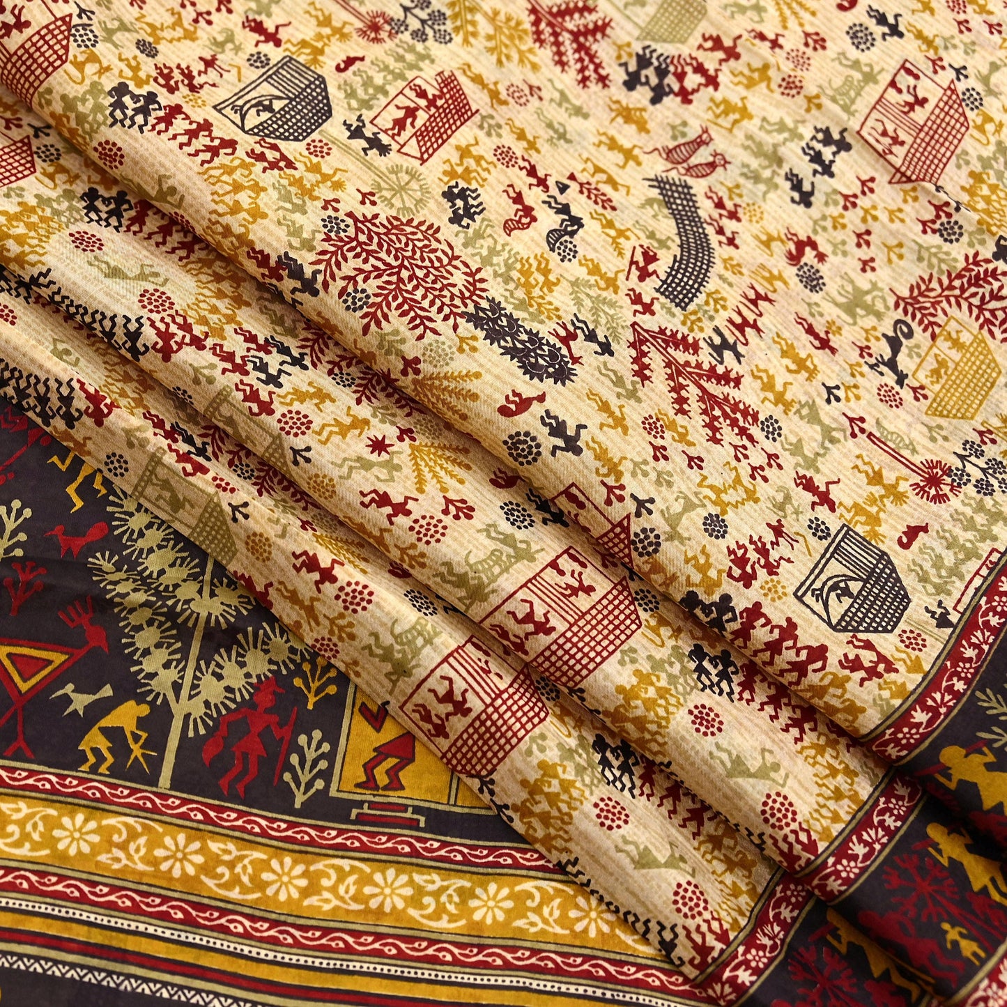 Indian Vintage Sari Beige & Black Pure Silk Warli Printed Saree Craft Fabric 5Yd Dress making Sewing Dress making For Crafting Quilting