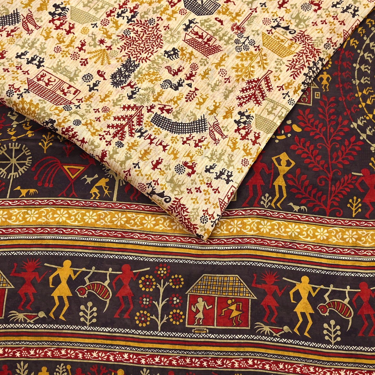 Indian Vintage Sari Beige & Black Pure Silk Warli Printed Saree Craft Fabric 5Yd Dress making Sewing Dress making For Crafting Quilting