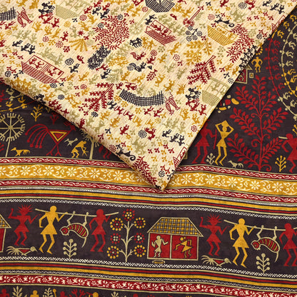 Indian Vintage Sari Beige & Black Pure Silk Warli Printed Saree Craft Fabric 5Yd Dress making Sewing Dress making For Crafting Quilting