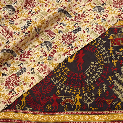 Indian Vintage Sari Beige & Black Pure Silk Warli Printed Saree Craft Fabric 5Yd Dress making Sewing Dress making For Crafting Quilting